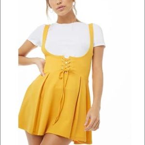 Forever 21 Mustard Yellow Lace Up Pinafore Dress